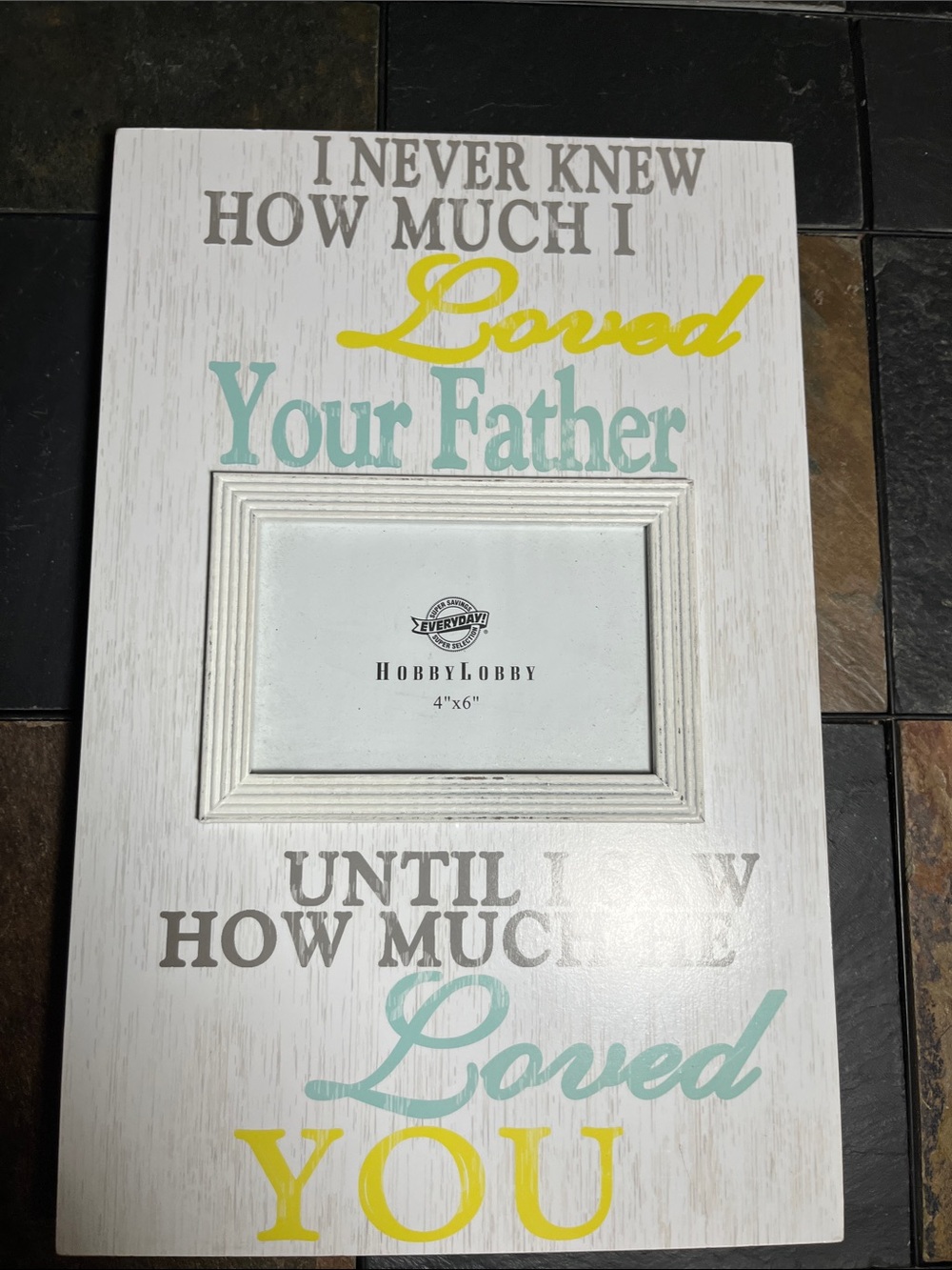 Hobby Lobby White Frame with Yellow and Aqua Lettering